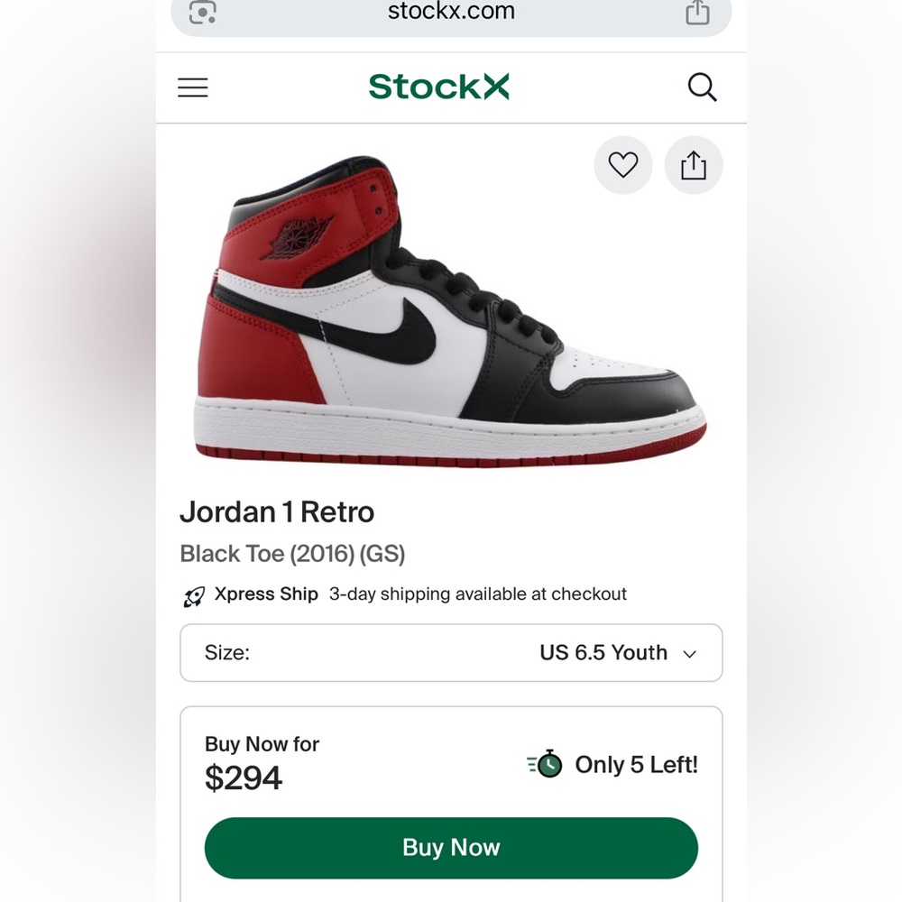 Authentic Jordan 1 Retro High Black Toe 6.5Y OG 2016